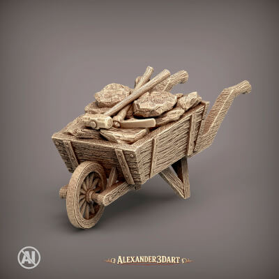 Rustic Wooden Wheelbarrow with Stones and Tools