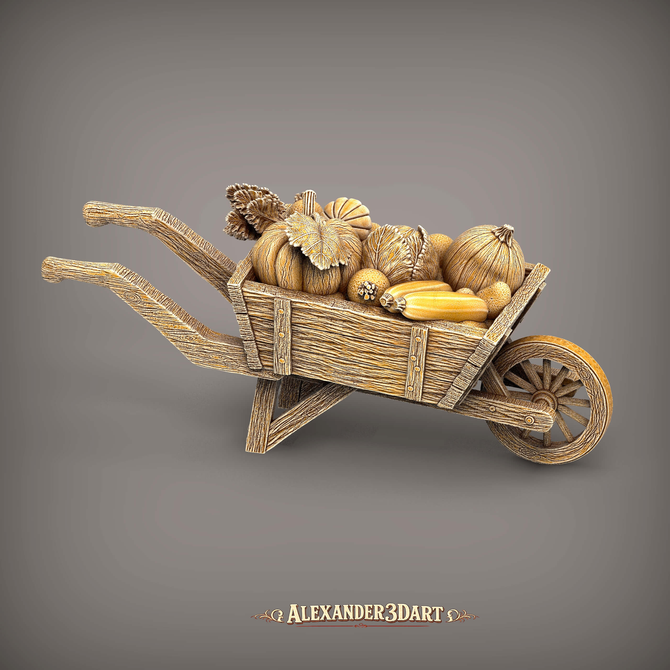Rustic Wooden Wheelbarrow with Vegetables 3D Model