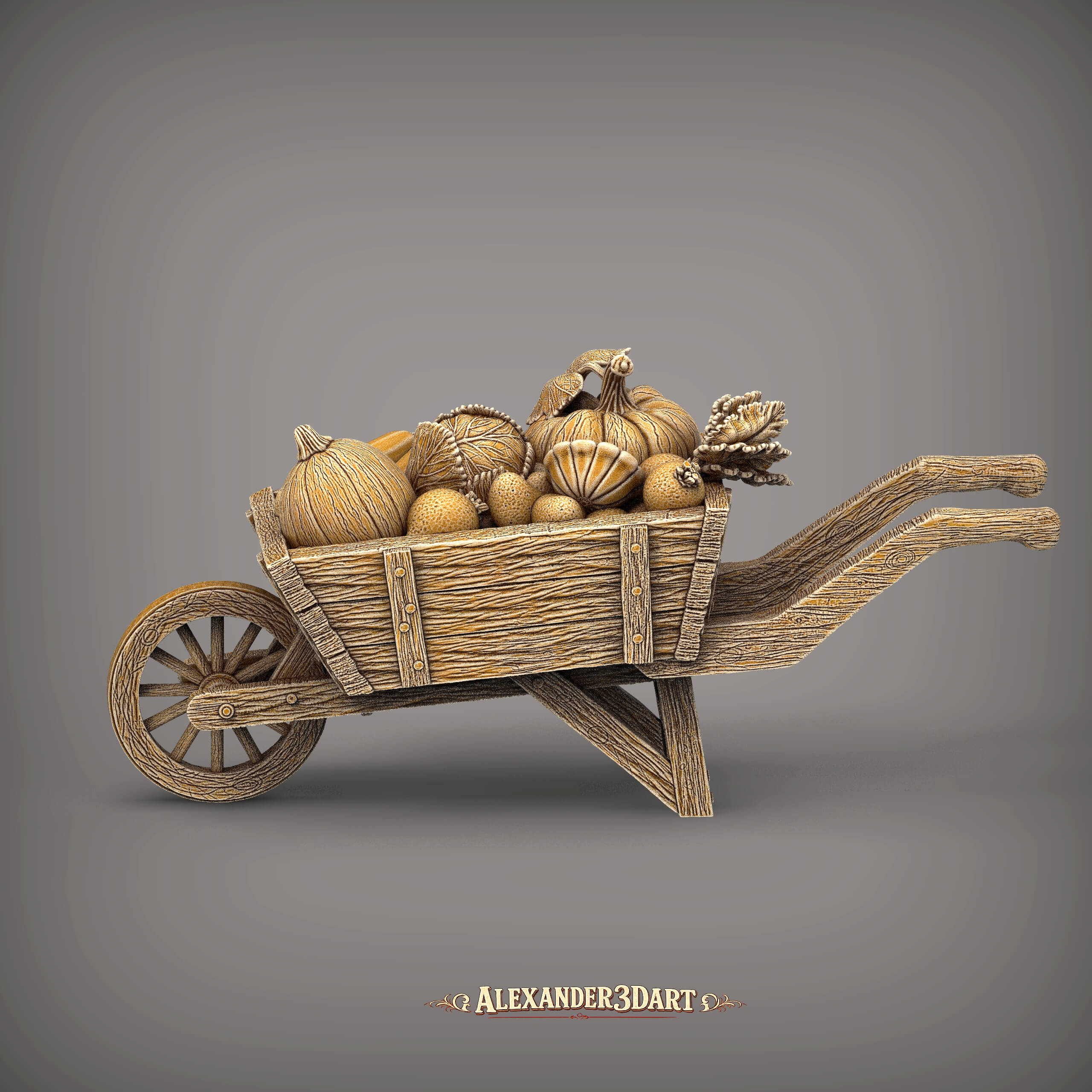 Rustic Wooden Wheelbarrow with Vegetables 3D Model
