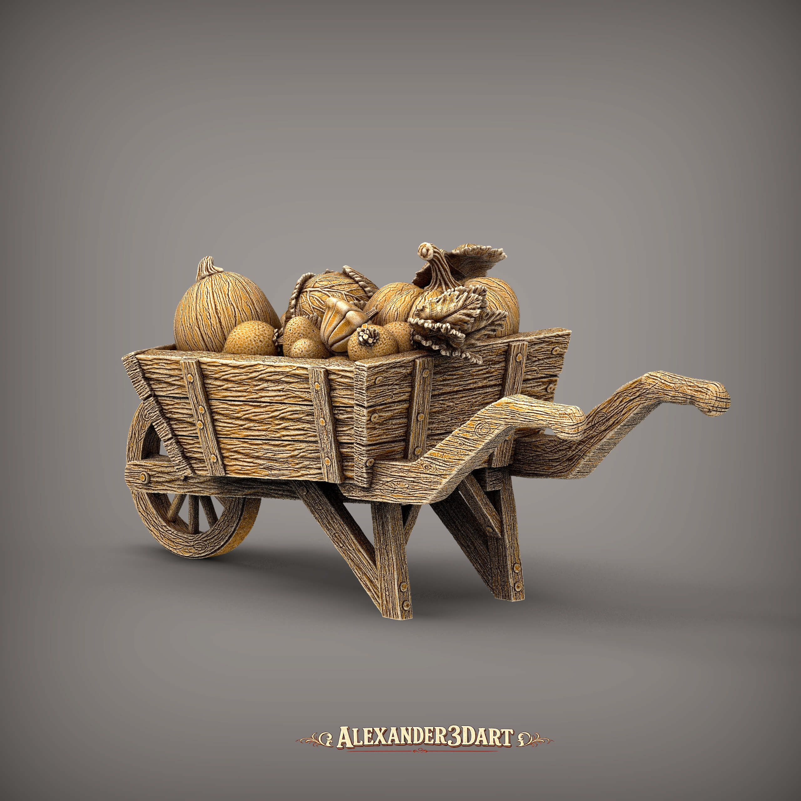 Rustic Wooden Wheelbarrow with Vegetables 3D Model