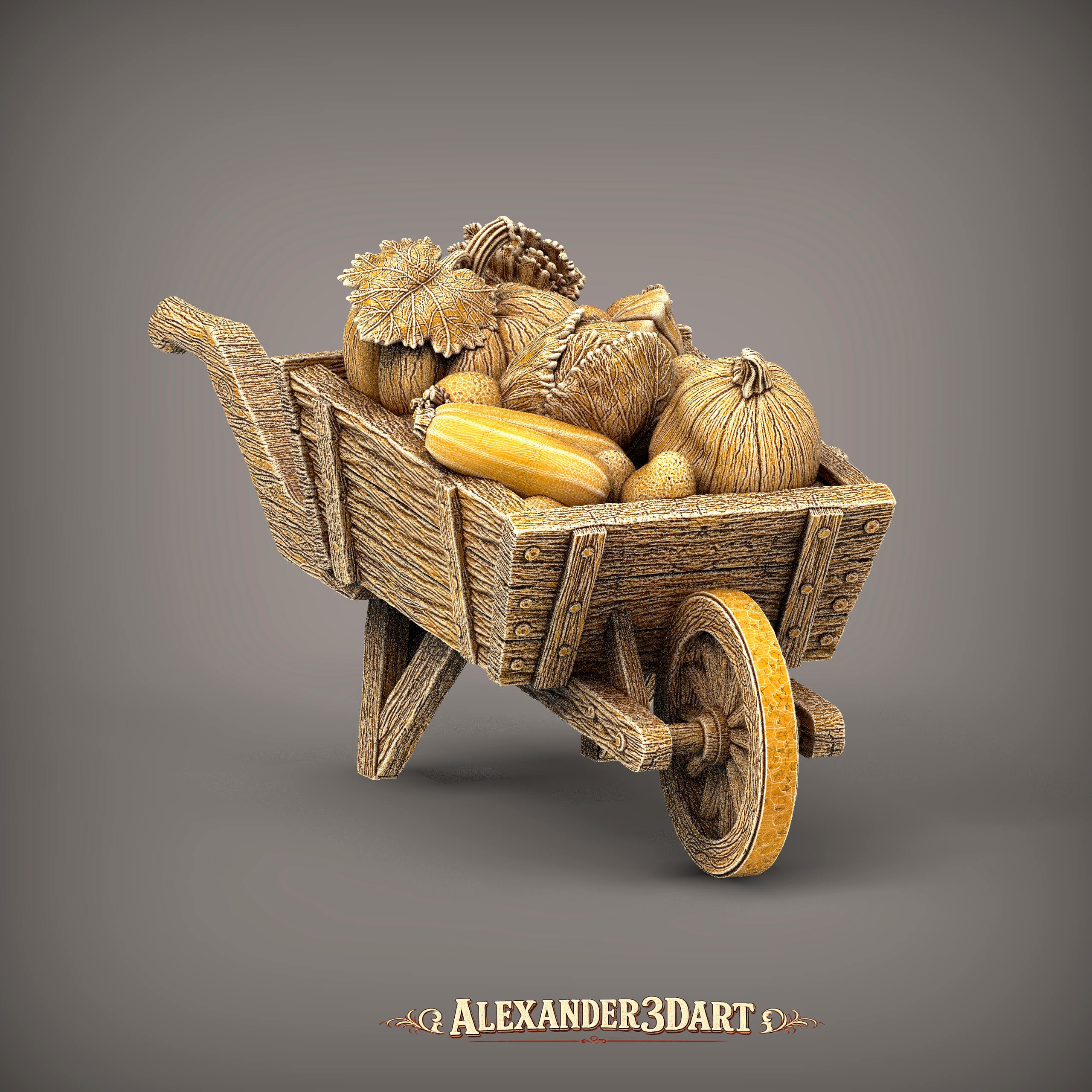Rustic Wooden Wheelbarrow with Vegetables 3D Model