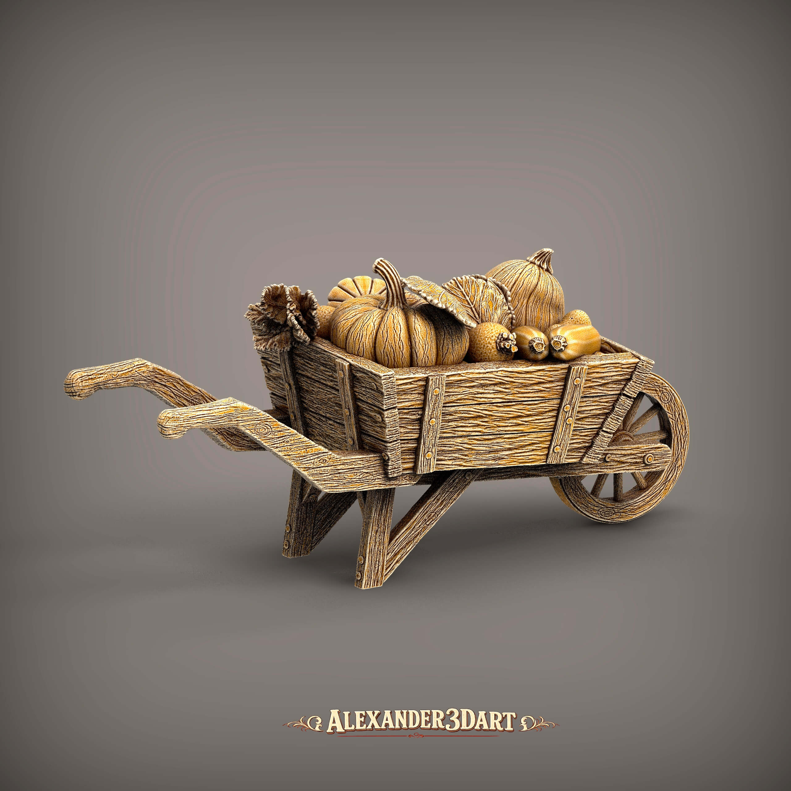 Rustic Wooden Wheelbarrow with Vegetables 3D Model