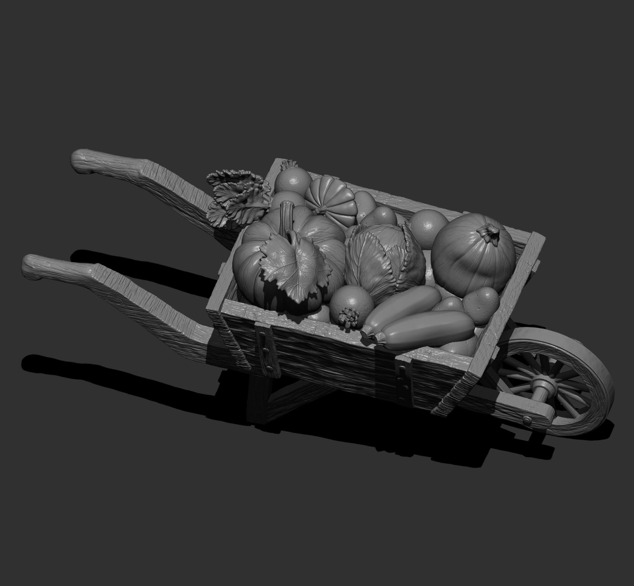 Rustic Wooden Wheelbarrow with Vegetables 3D Model