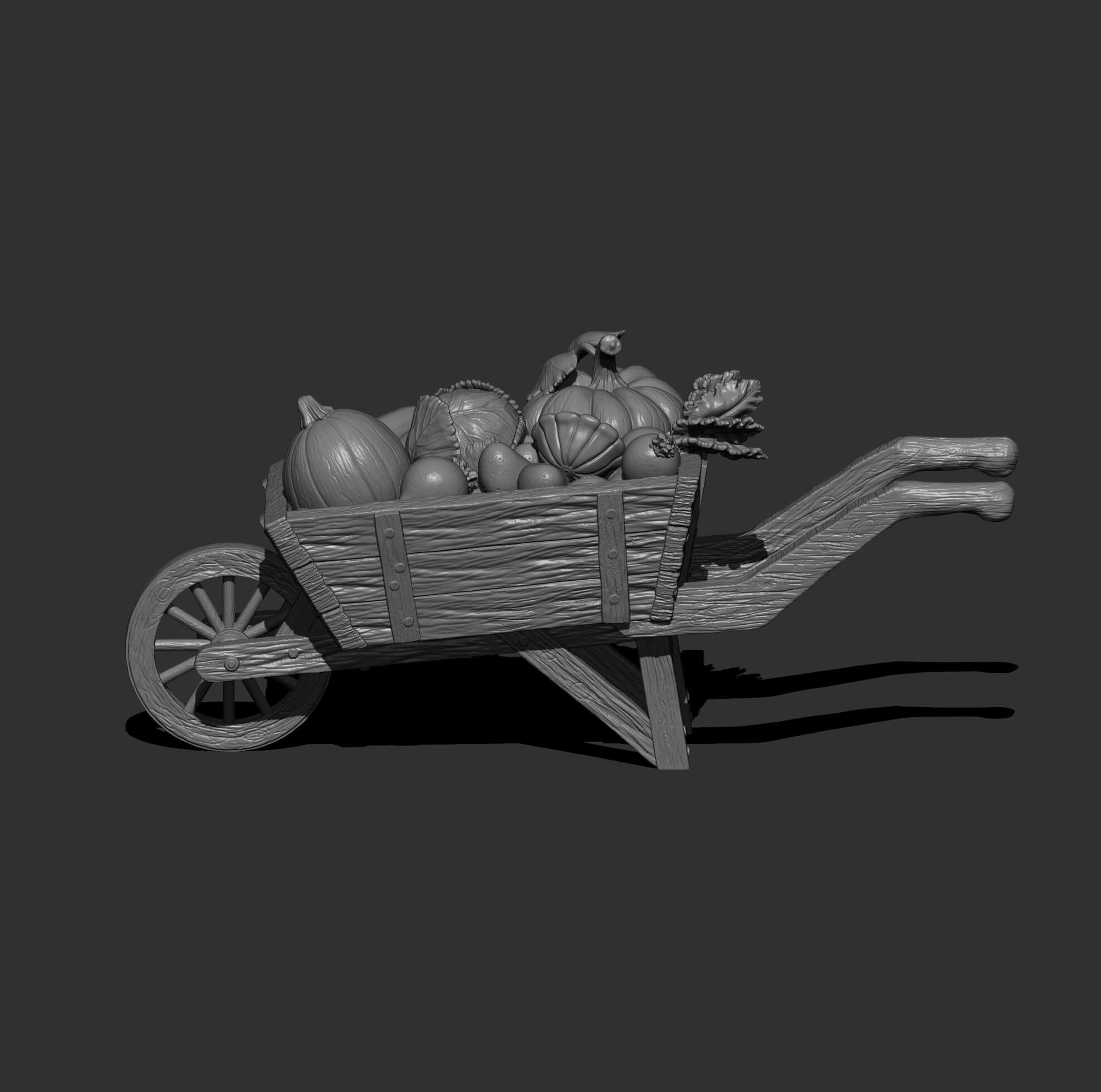 Rustic Wooden Wheelbarrow with Vegetables 3D Model