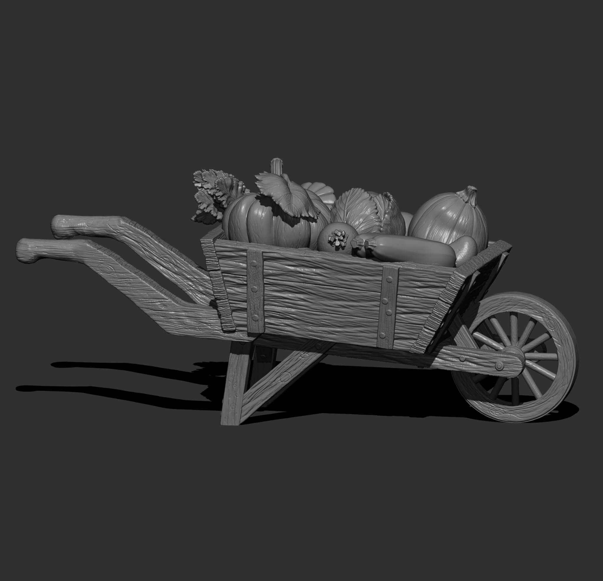 Rustic Wooden Wheelbarrow with Vegetables 3D Model