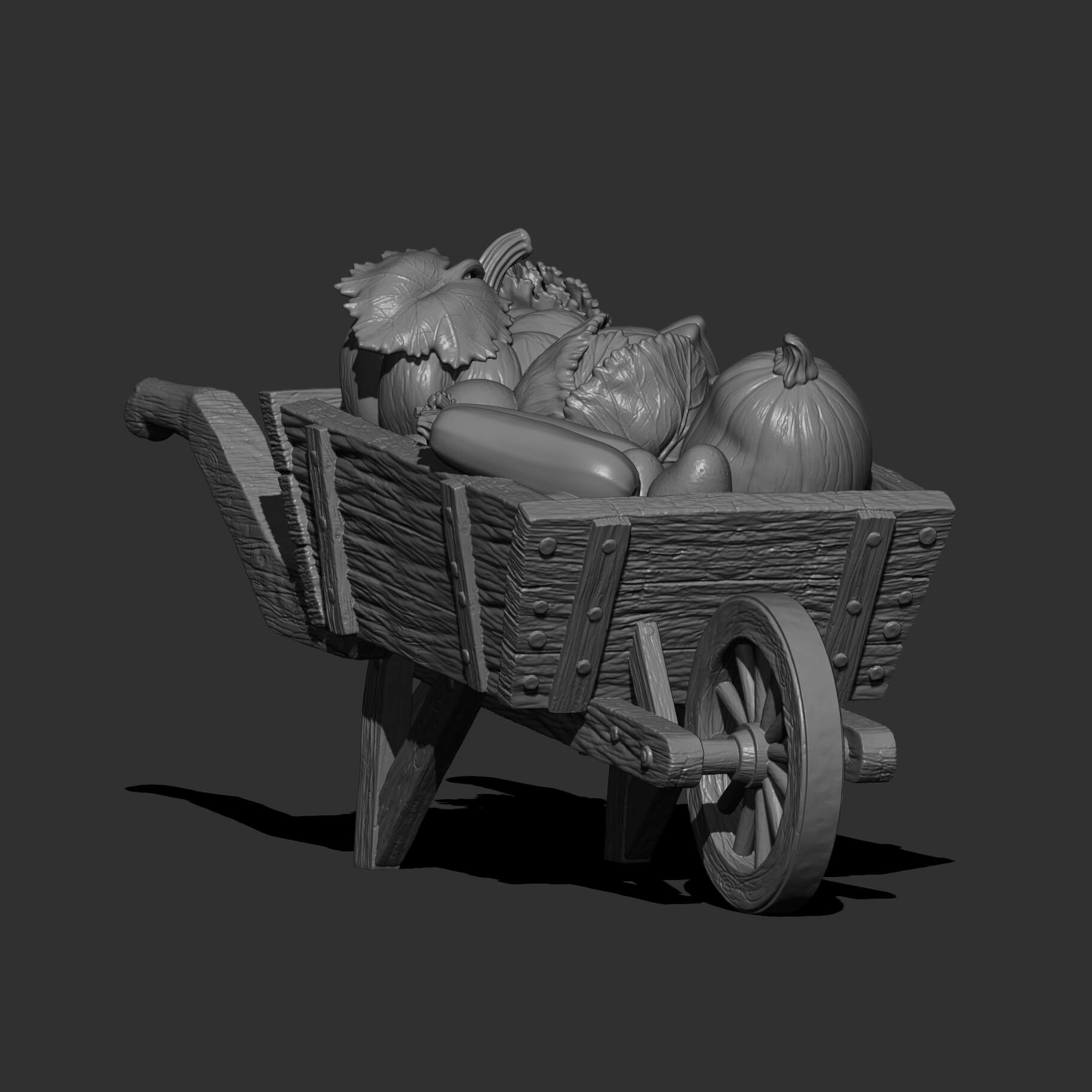 Rustic Wooden Wheelbarrow with Vegetables 3D Model