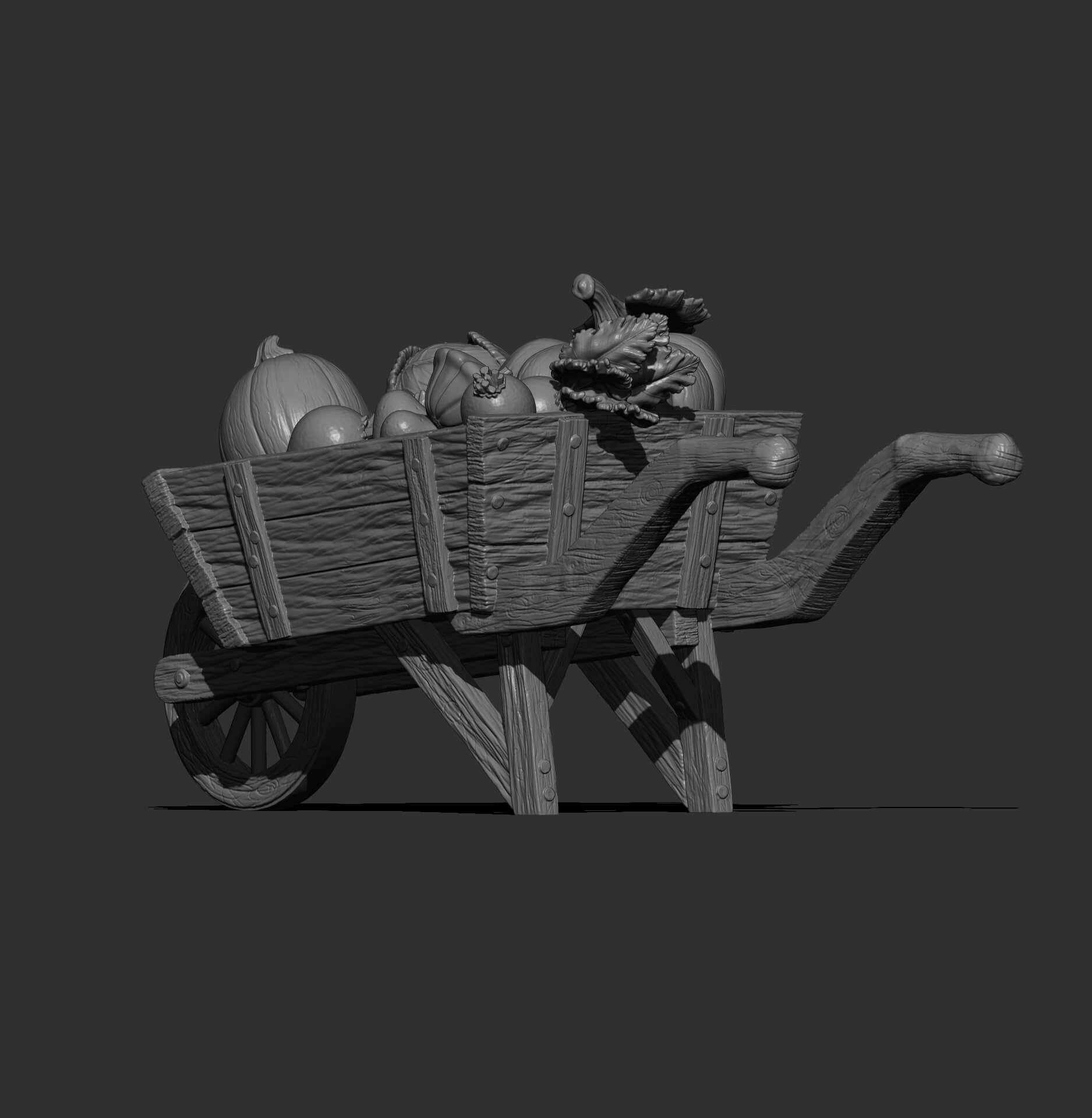 Rustic Wooden Wheelbarrow with Vegetables 3D Model