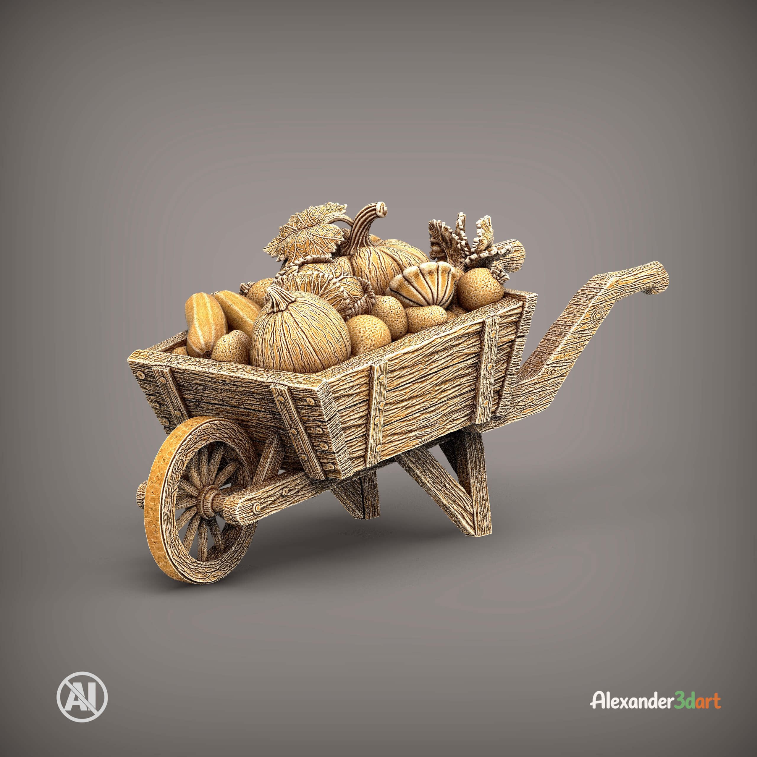Rustic Wooden Wheelbarrow with Vegetables 3D Model