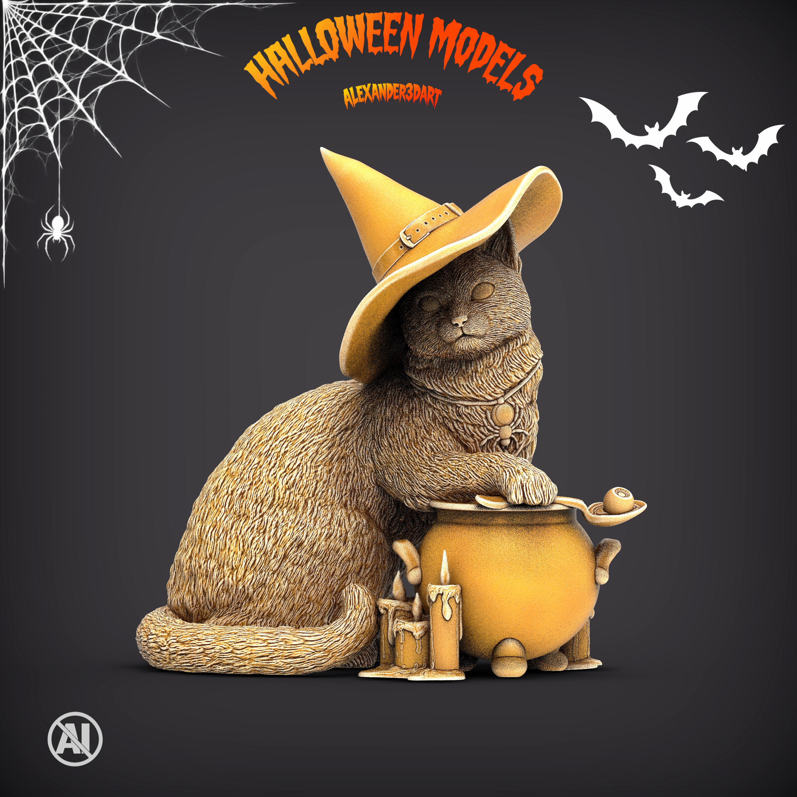 Witch Cat &ndash Halloween Fantasy Cat 3D Print Model 3D Model