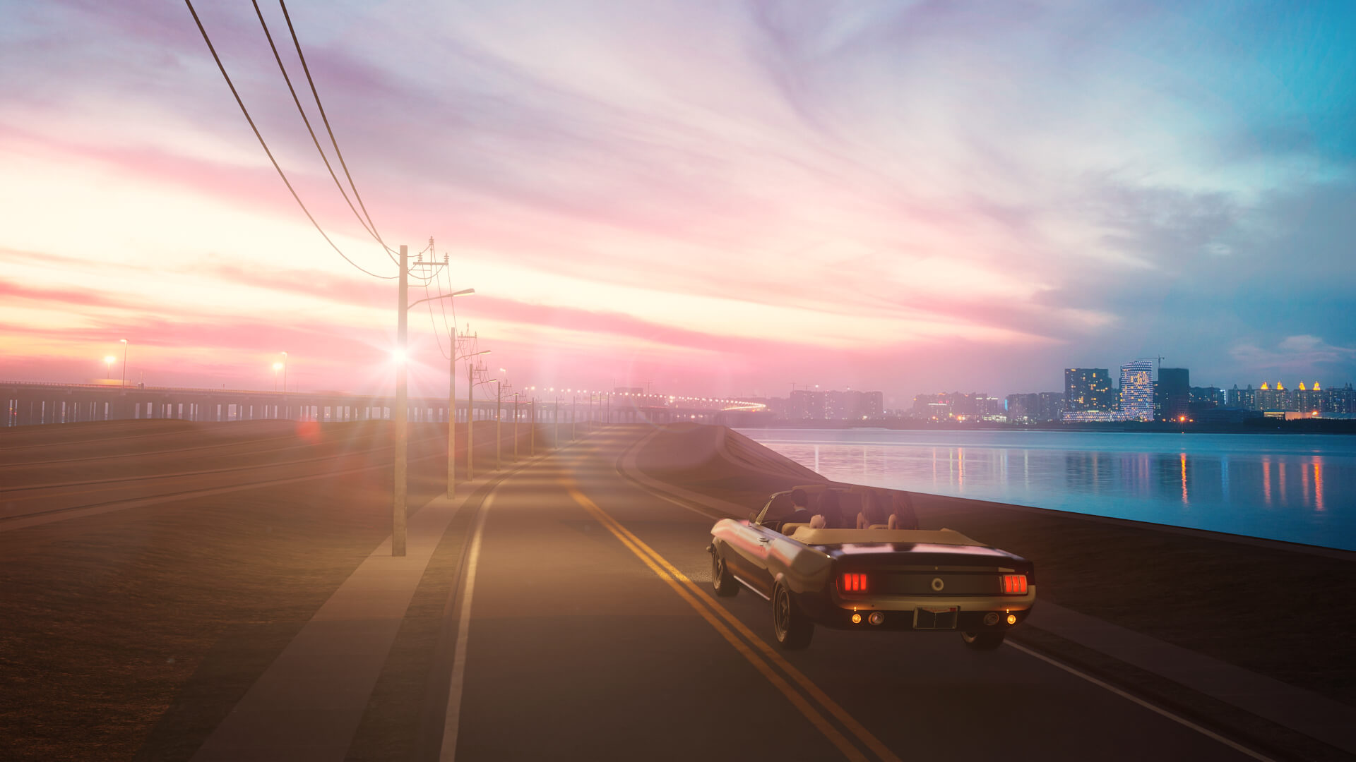Summer Sunset Road Trip 3D Render, Digital Artwork by ali3dexpress