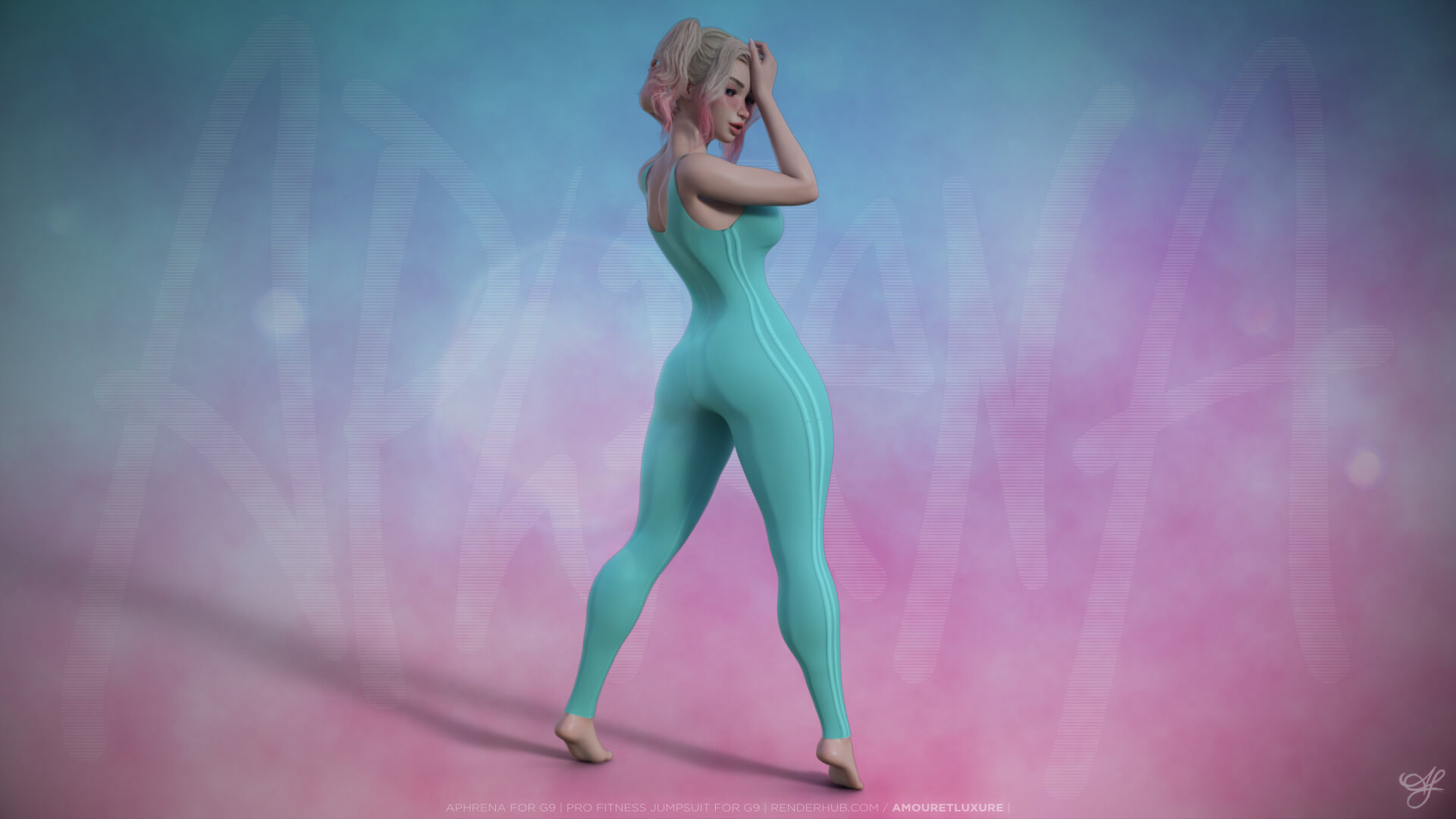 Aphrena and Pro Fitness Jumpsuit 3D Render, Digital Artwork by Amouretluxure