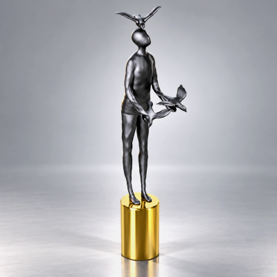 Fantasy Creature Statue 3D Model with Gold Pedestal