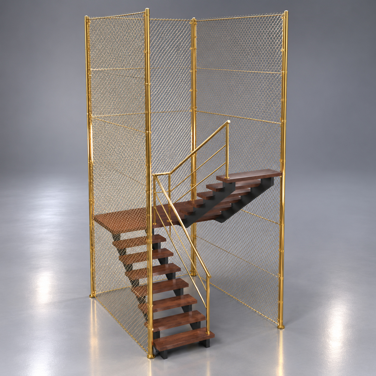 Industrial Metal Staircase with Chain Link Fence Enclosure 3D Render, Digital Artwork by AQ3D