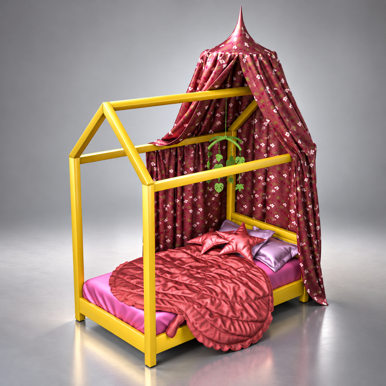Kids Canopy House Bed with Floral Curtains 3D Render, Digital Artwork by AQ3D