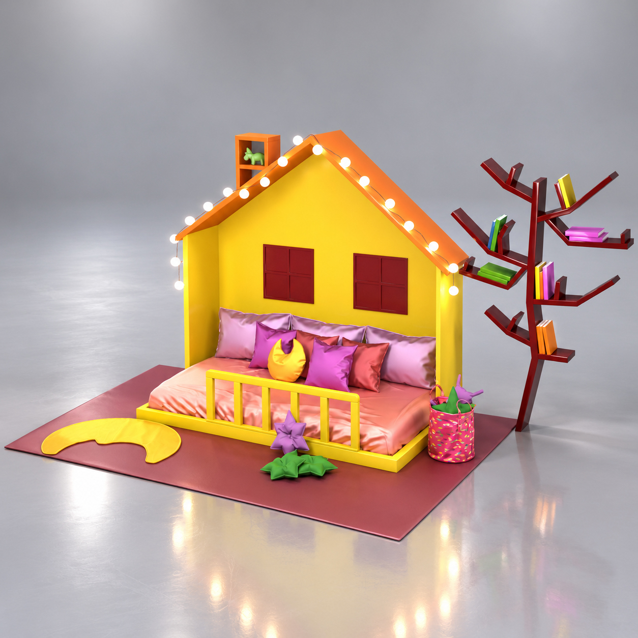 Kids House Bed Colorful Pillows and Decorative Accessories 3D Render, Digital Artwork by AQ3D