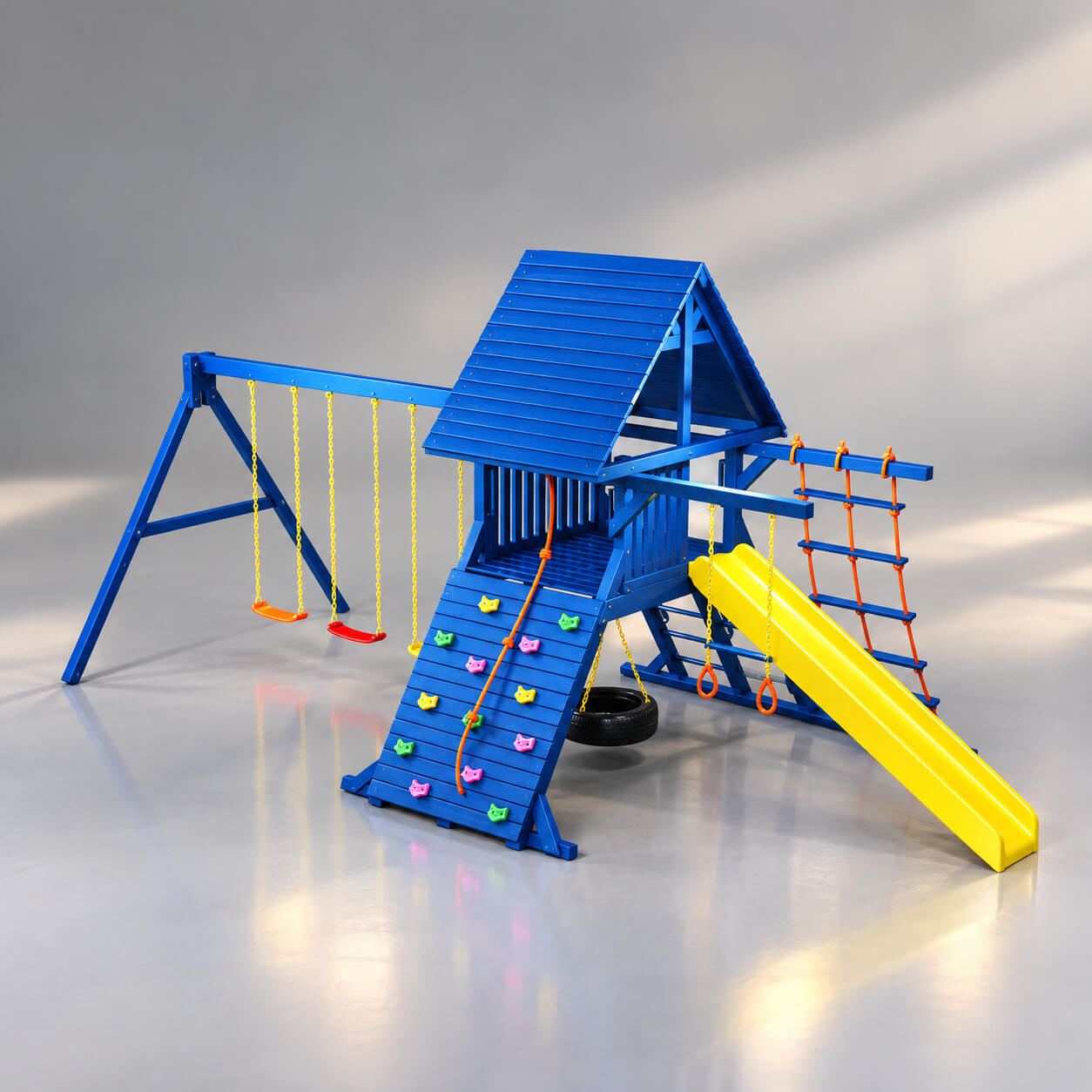 Kids Outdoor Playground Set With Slide Swings & Climbing Wall 3D Render, Digital Artwork by AQ3D