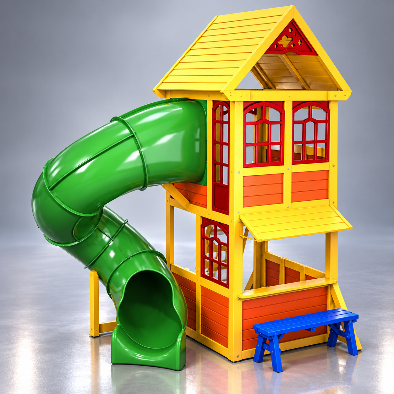 Kids Wooden Playhouse With Spiral Slide and Bench 3D Render, Digital Artwork by AQ3D