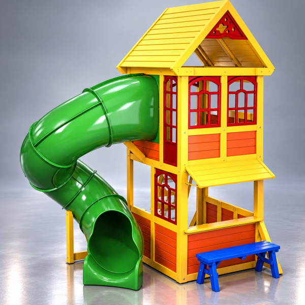 Kids Wooden Playhouse With Spiral Slide and Bench