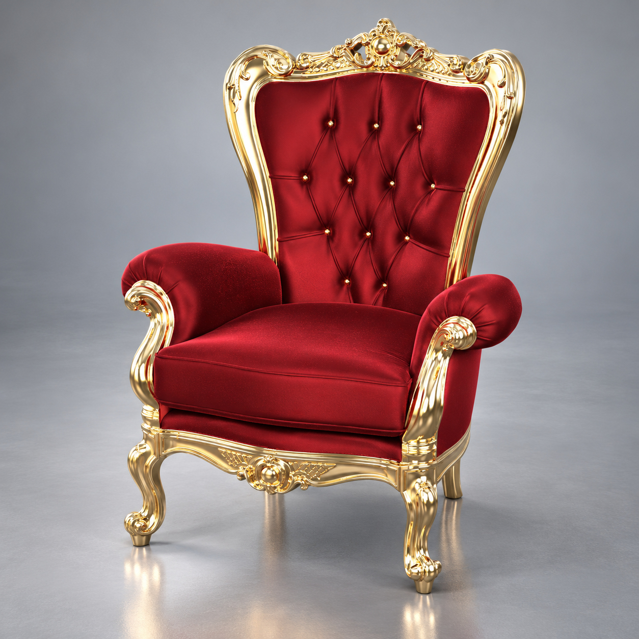 Luxury Royal Red Velvet Gold Throne Chair 3D Render, Digital Artwork by AQ3D