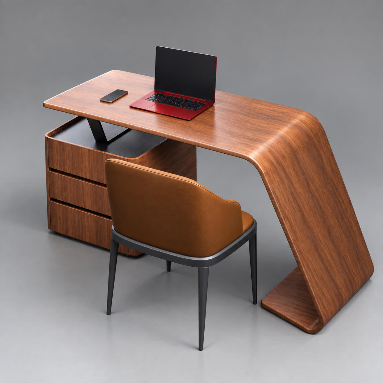 Modern Executive Office Desk with Chair & Laptop 3D Render, Digital Artwork by AQ3D