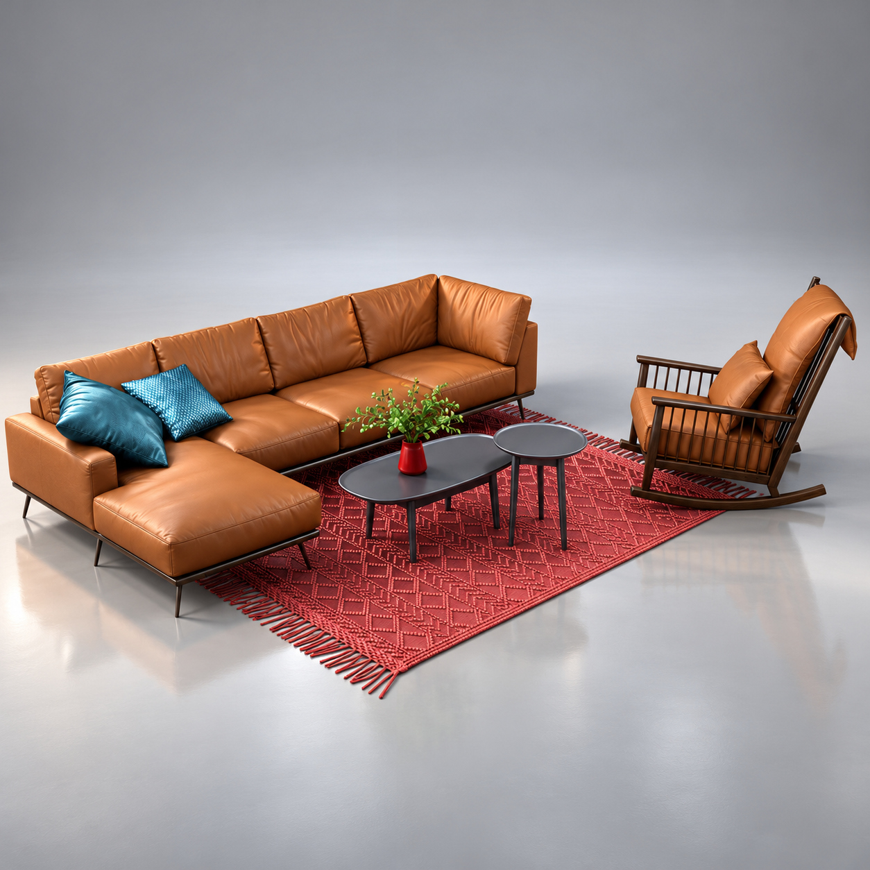 Modern L Shaped Sofa Set with Rocking Chair and Rug 3D Render, Digital Artwork by AQ3D