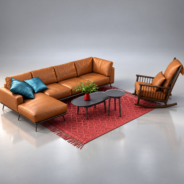 Modern L Shaped Sofa Set with Rocking Chair and Rug