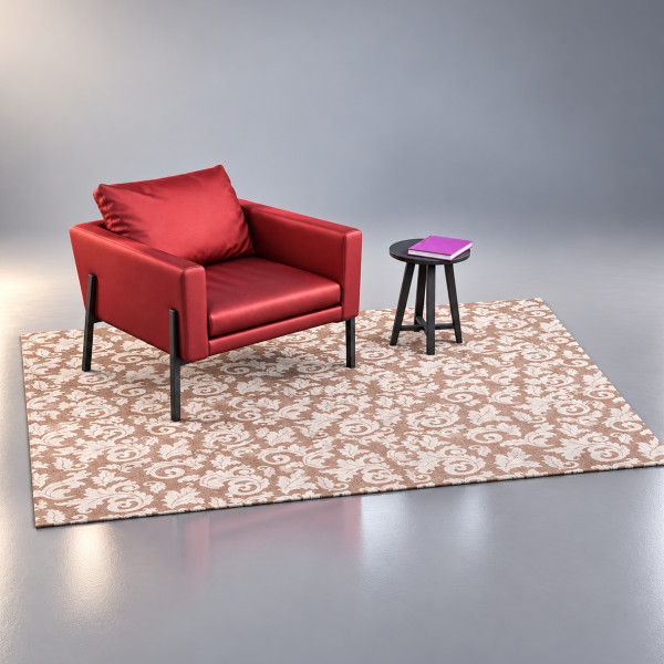 Modern Red Upholstered Armchair with Side Table and Rug