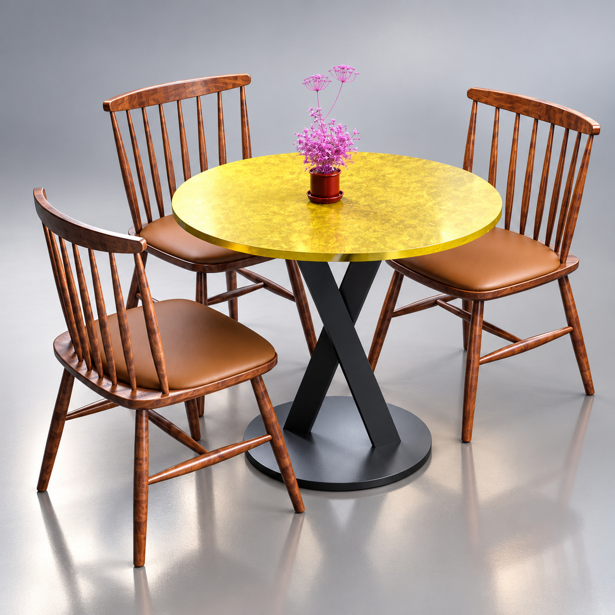 Round Dining Table with 3 Wooden Chairs 3D Render, Digital Artwork by AQ3D