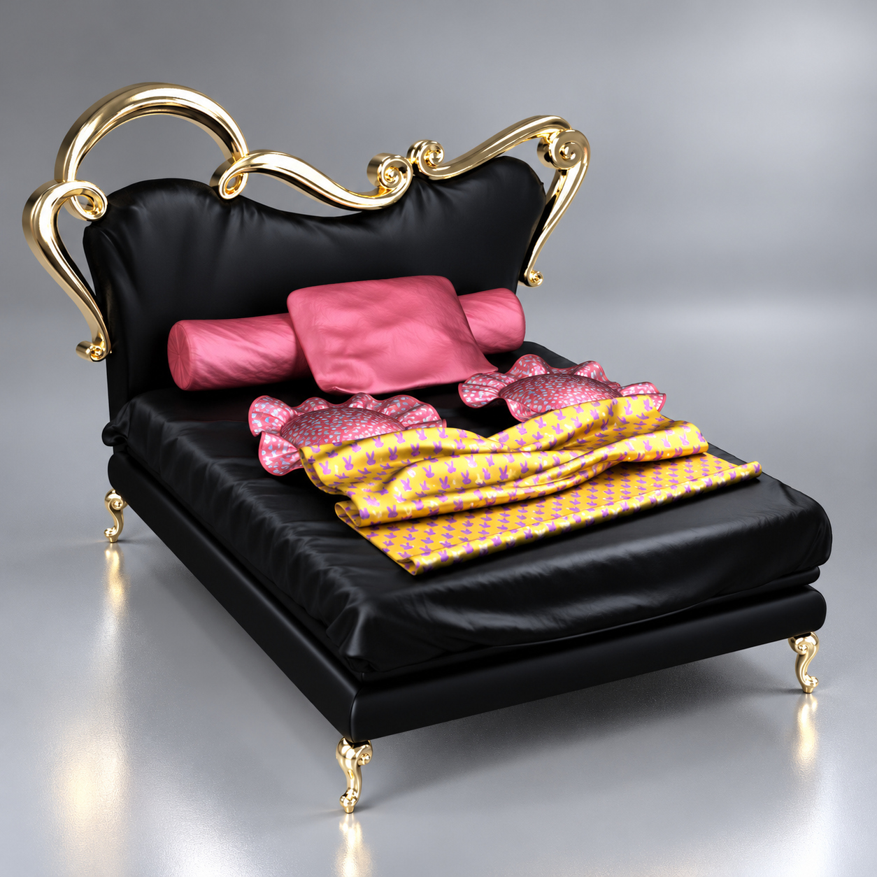 Royal Luxury Upholstered Bed with Gold Frame 3D Render, Digital Artwork by AQ3D