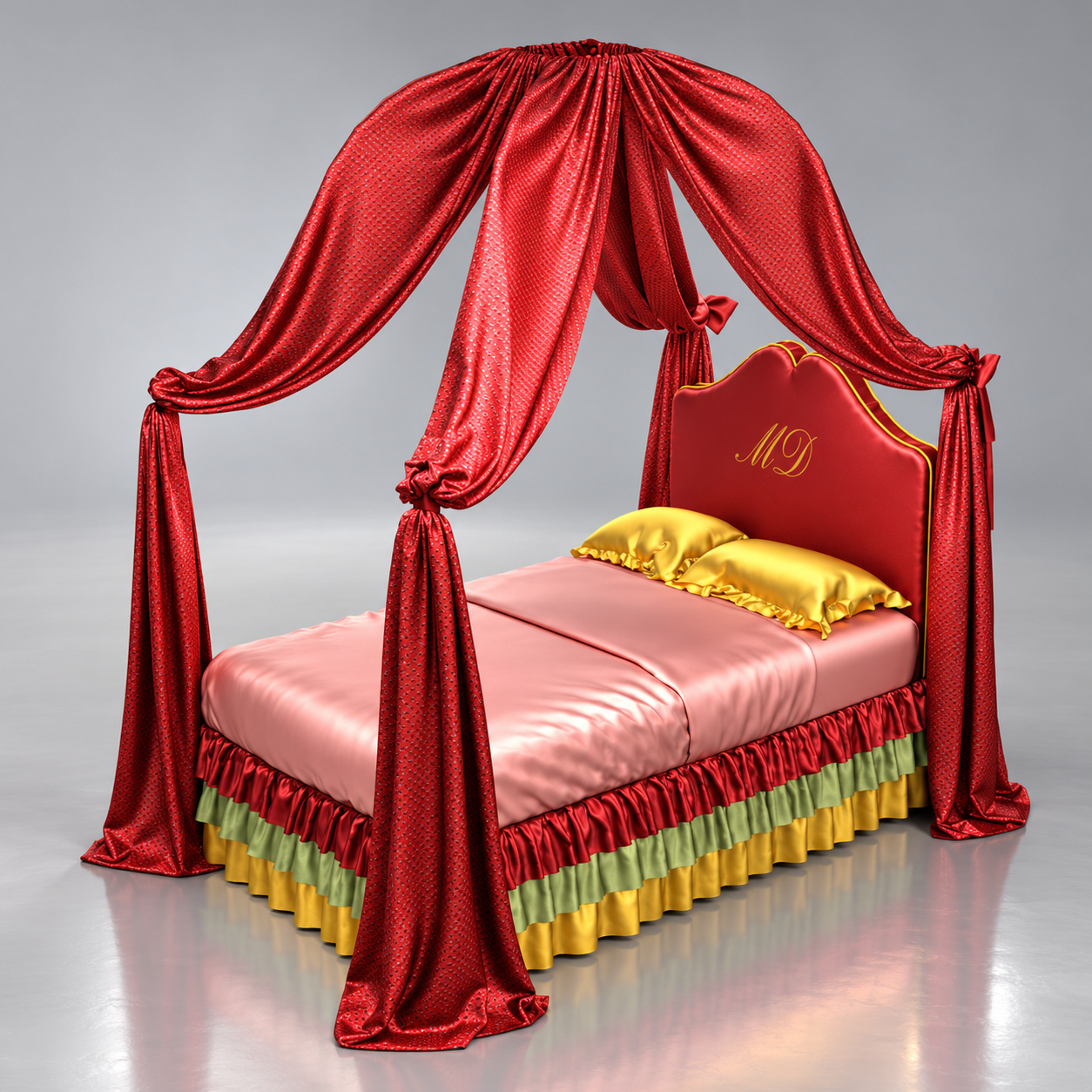 Royal Red Canopy Bed with Silk Drapes 3D Render, Digital Artwork by AQ3D