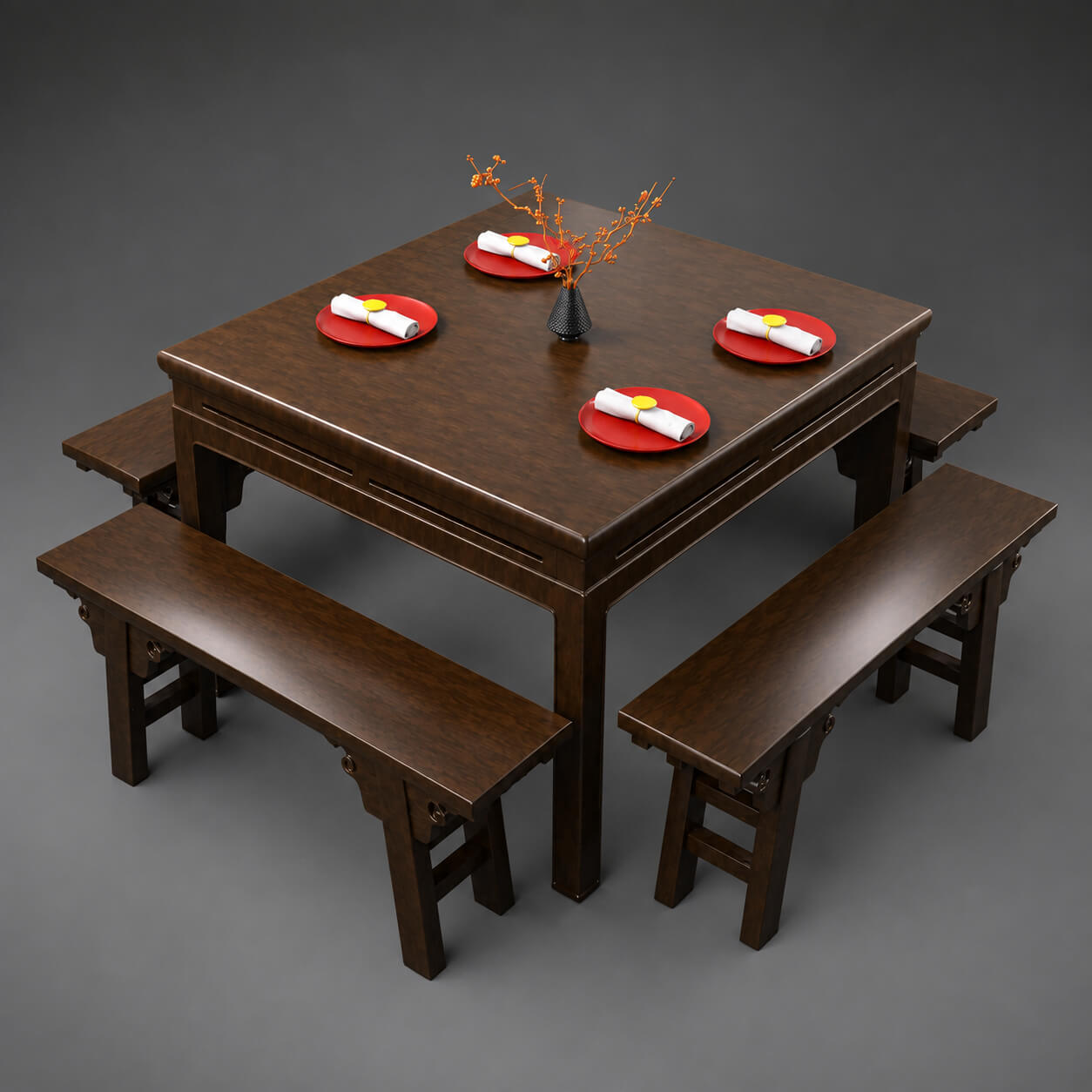 Wooden Dining Table Set with Benches 3D Model 3D Render, Digital Artwork by AQ3D