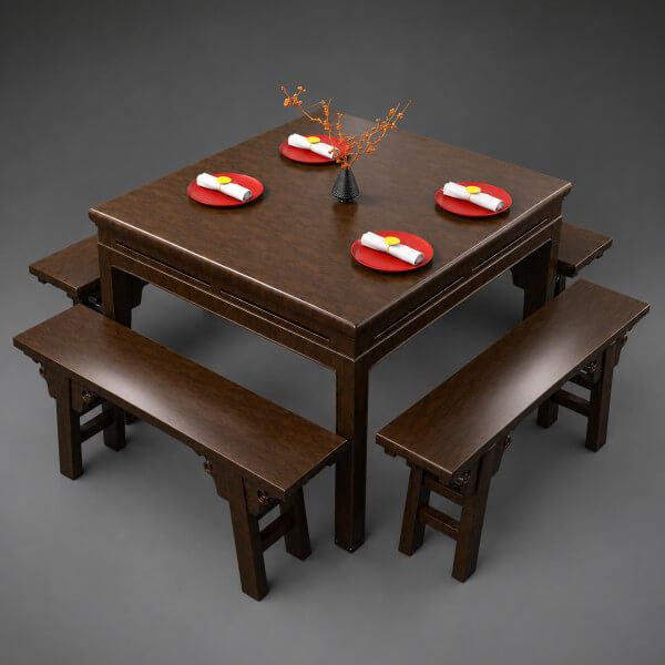 Wooden Dining Table Set with Benches 3D Model