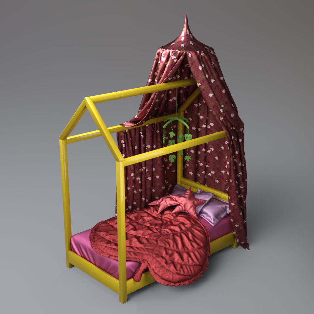 Kids Canopy House Bed with Floral Curtains AQ3D Daz Content