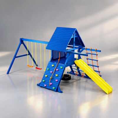 Kids Outdoor Playground Set Slide, Swings with Climbing Wall