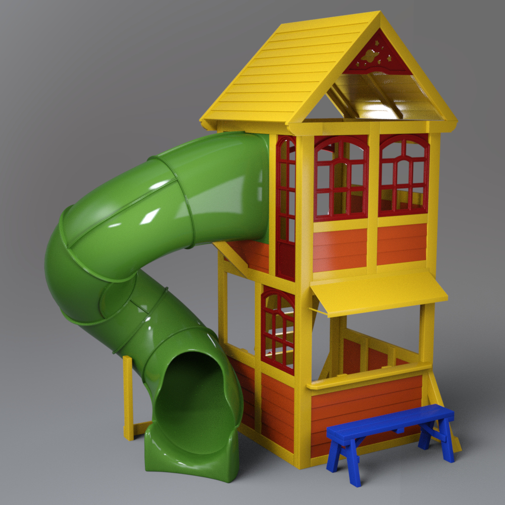 Kids Wooden Playhouse with Spiral Slide and Bench AQ3D Daz Content