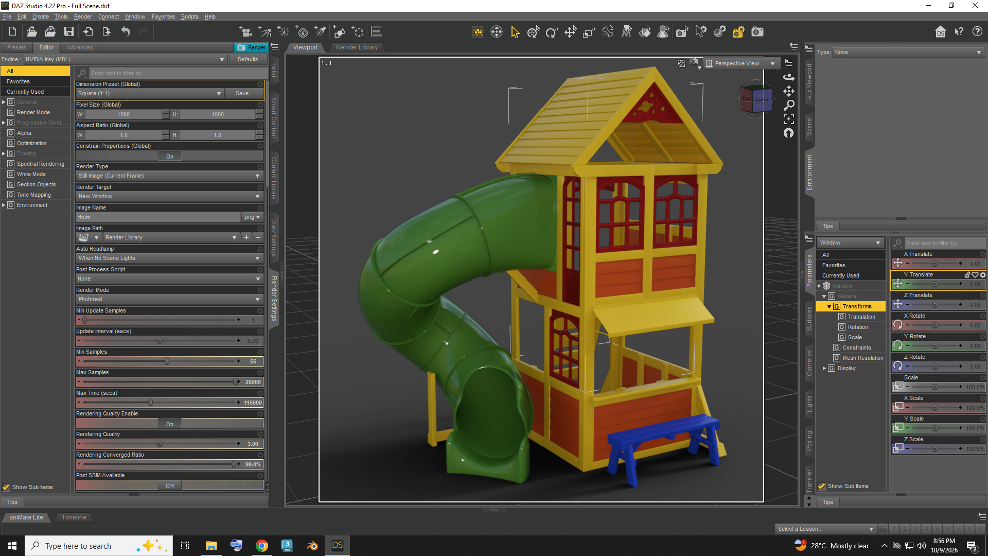Kids Wooden Playhouse with Spiral Slide and Bench AQ3D Daz Content
