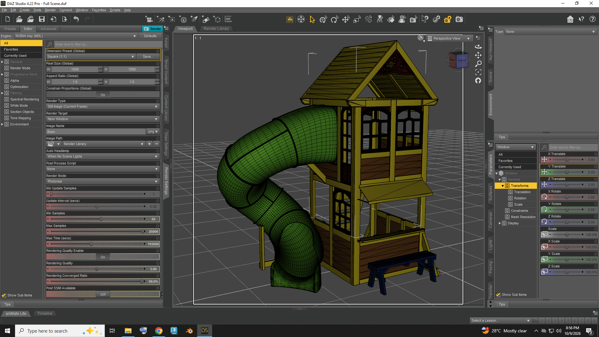 Kids Wooden Playhouse with Spiral Slide and Bench AQ3D Daz Content