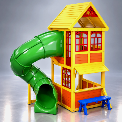 Kids Wooden Playhouse with Spiral Slide and Bench AQ3D Daz Content