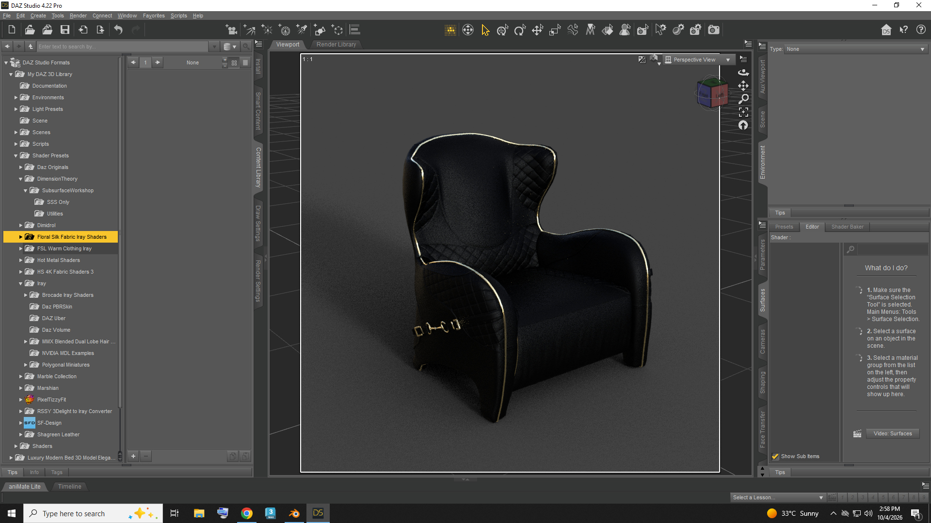 Luxury Black Quilted Armchair With Gold Trim AQ3D Daz Content