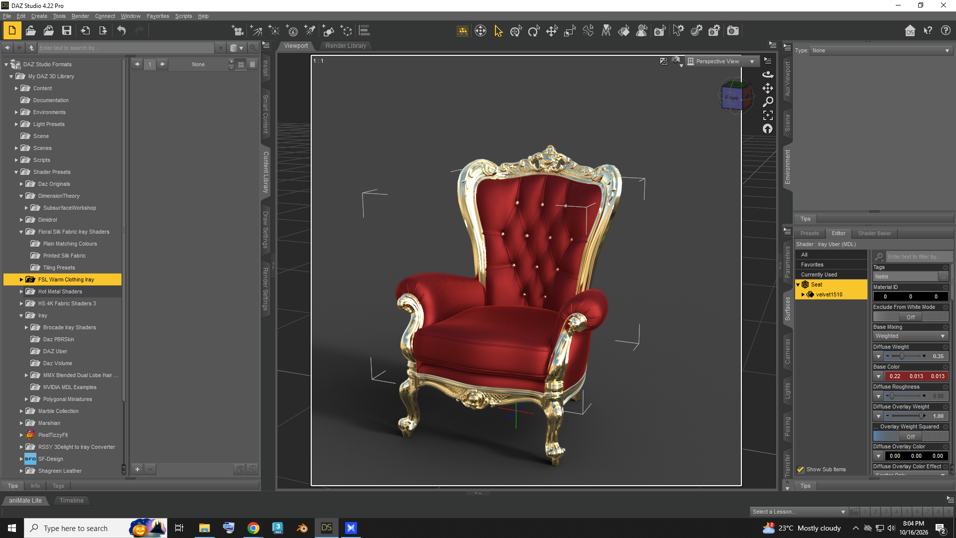 Luxury Royal Red Velvet Gold Throne Chair AQ3D Daz Content