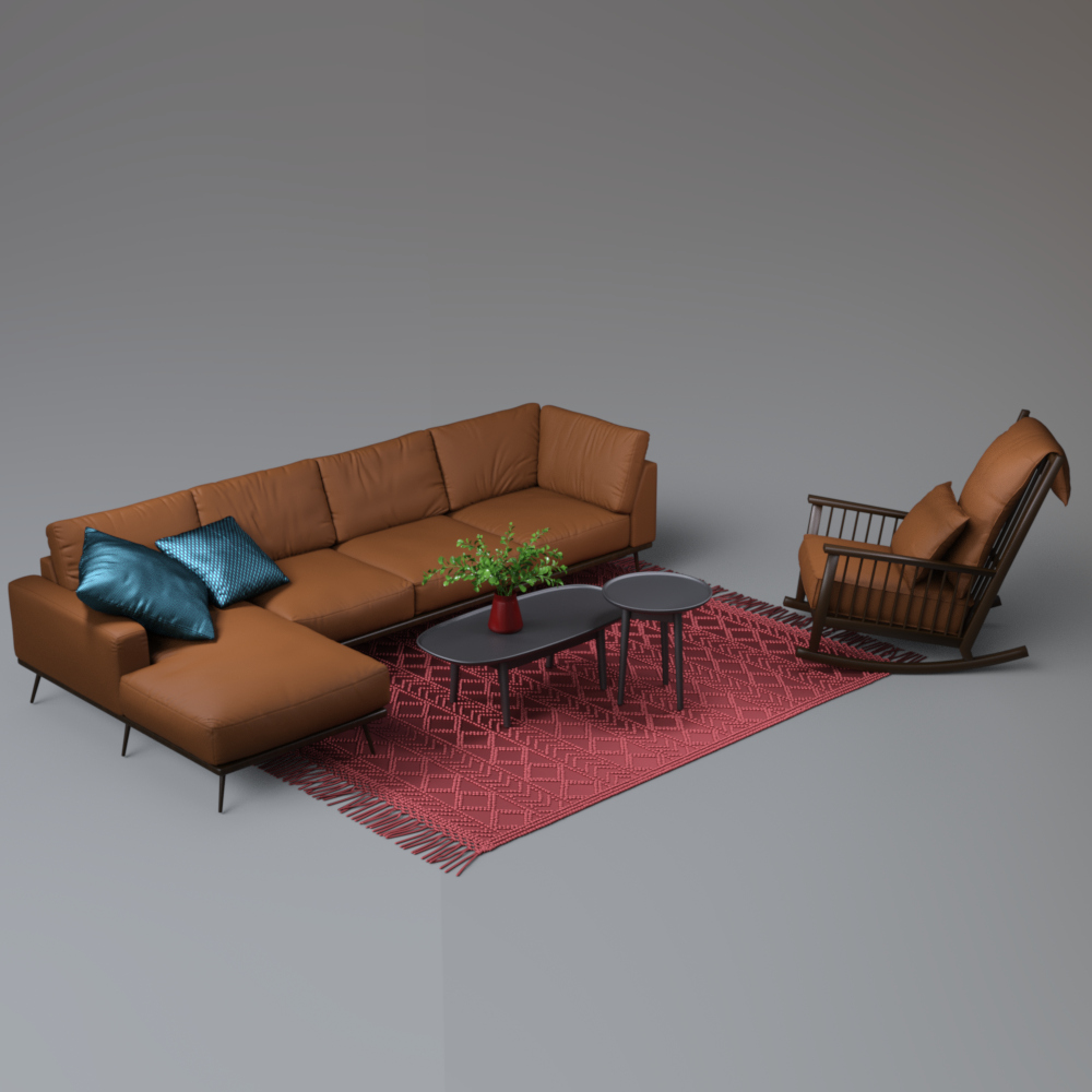 Modern L Shaped Sofa Set With Rocking Chair and Rug AQ3D Daz Content