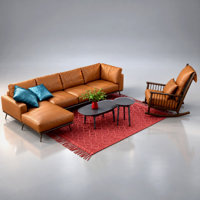Modern L Shaped Sofa Set With Rocking Chair and Rug AQ3D
