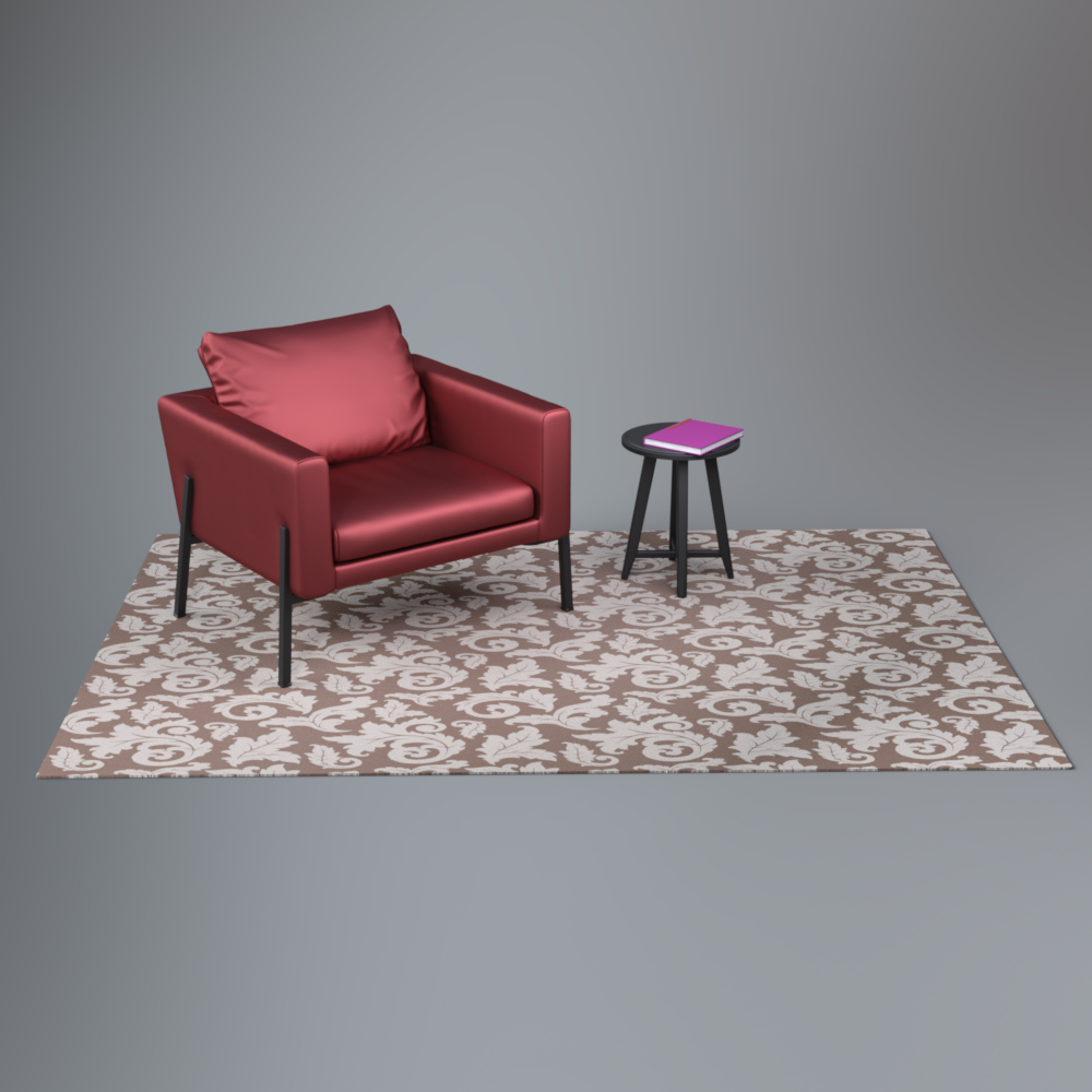 Modern Red Upholstered Armchair with Side Table and Rug Daz Content