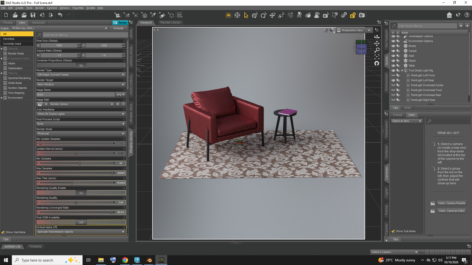 Modern Red Upholstered Armchair with Side Table and Rug Daz Content