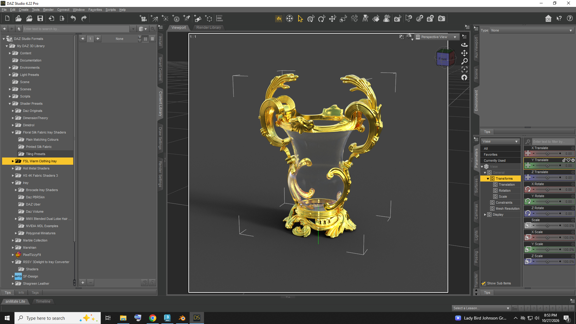 Ornate Golden Decorative Vase With Baroque Scroll Handles Daz Content