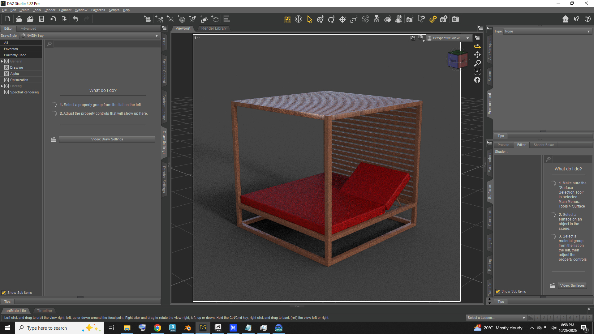 Wooden Canopy Daybed with Red Mattress AQ3D Daz Content