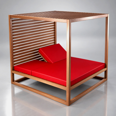 Wooden Canopy Daybed with Red Mattress AQ3D