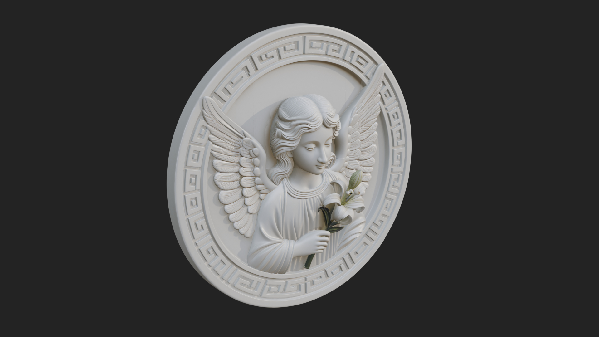 Angel with Lily Oval Relief Plaque Design 1 3D Print 3D Model
