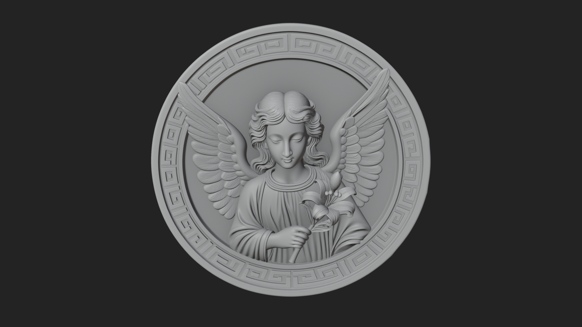 Angel with Lily Oval Relief Plaque Design 1 3D Print 3D Model