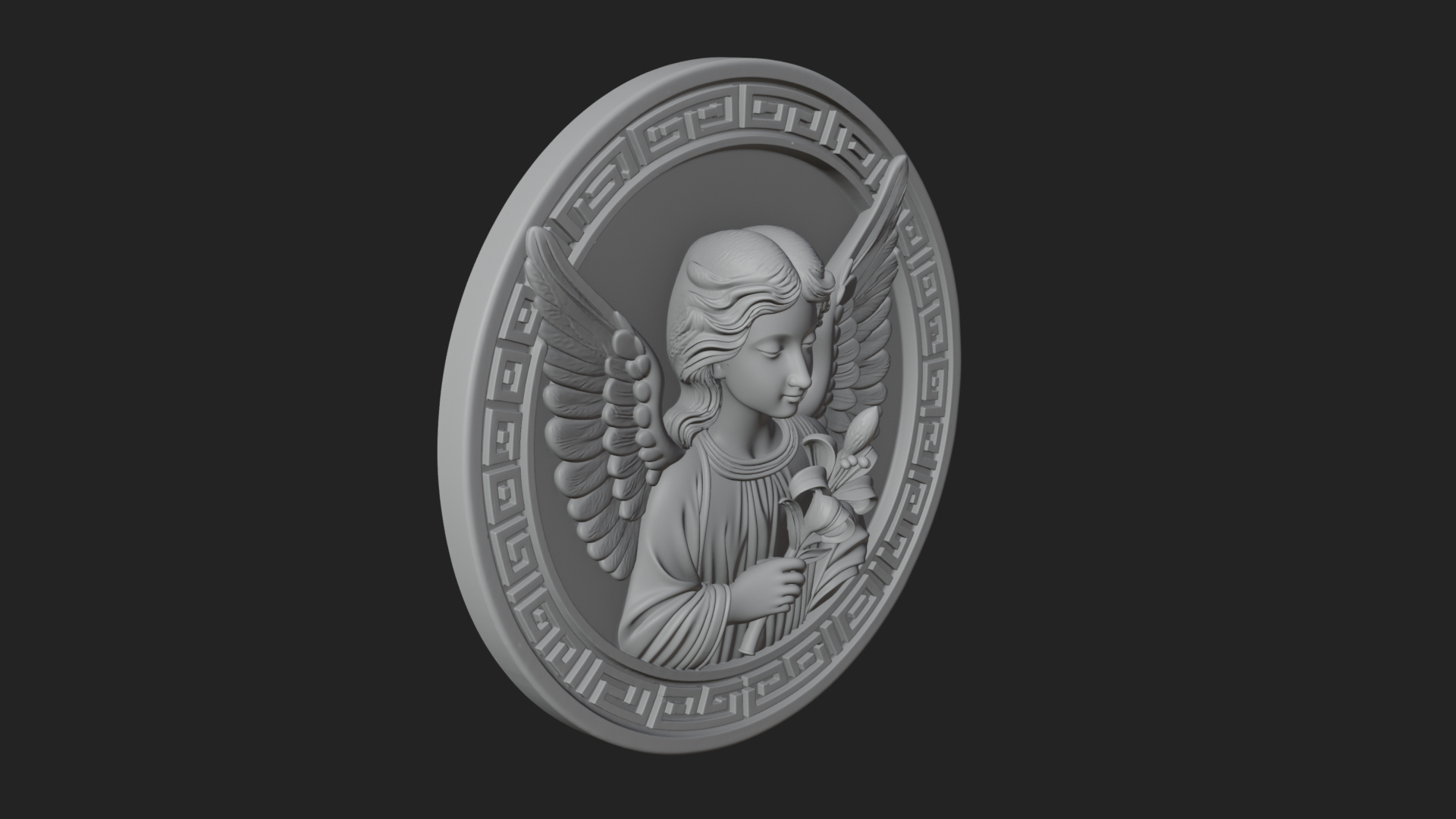 Angel with Lily Oval Relief Plaque Design 1 3D Print 3D Model